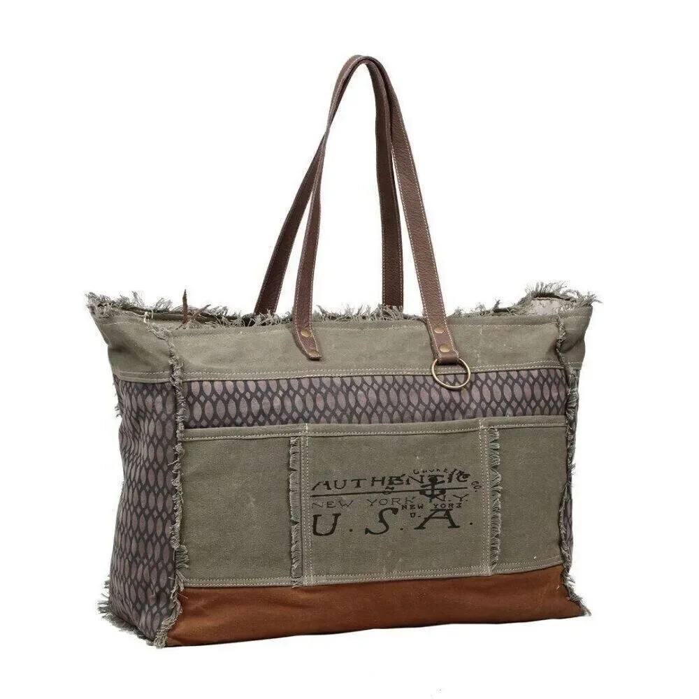 Myra Bag Handmade Honey Weekender Bag Upcycled Canvas & Cowhide Leather